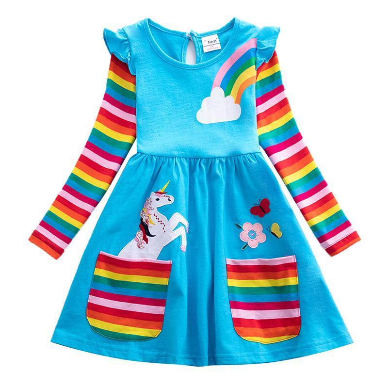 Mädchen Einhorn-Regenbogen-Streifen Kleid